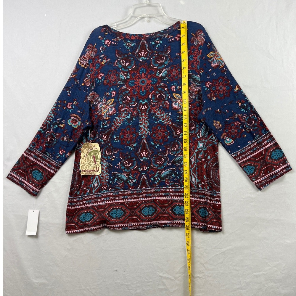 One World V-Neck Top Womens Large Blue Burgundy Boho Mandala 3/4 Sleeve NEW - Picture 5 of 12
